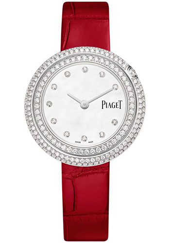 Piaget Possession Watch - White Gold Diamond Case - Mother-Of-Pearl Gem-Set Dial - Red Strap