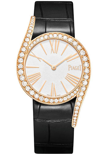 Piaget Limelight Gala Watch - Rose Gold Diamond Case - Silvered Dial - Black Strap