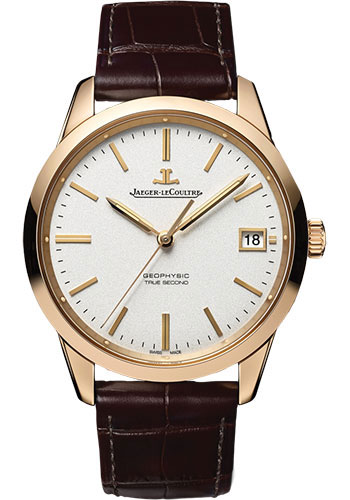 Jaeger-LeCoultre Geophysic True Second Watch - 39.6 mm Pink Gold Case - Silvered Grained Dial - Brown Alligator Strap