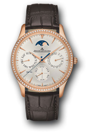 Jaeger-LeCoultre Master Ultra Thin Perpetual Watch - 39 mm Pink Gold Case - Diamond Bezel - Silver Dial - Brown Alligator Strap