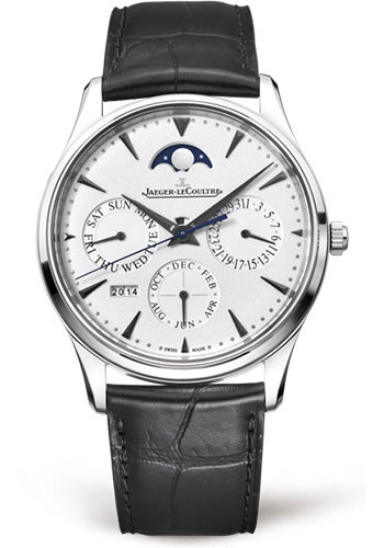 Jaeger-LeCoultre Master Ultra Thin Perpetual Watch - 39 mm Thick White Gold Case - Silver Grained Dial - Black Alligator Strap