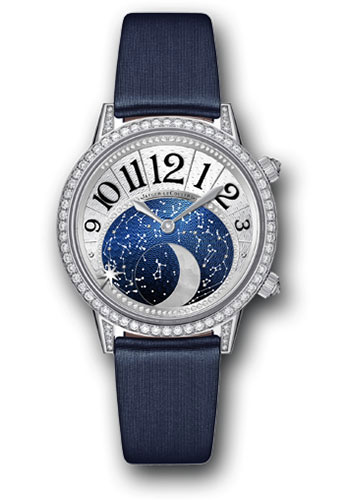 Jaeger-LeCoultre Rendez-Vous Moon Watch - 39 mm White Gold Case - Diamond Bezel - Blue Guilloché Dial - Blue Satin Strap