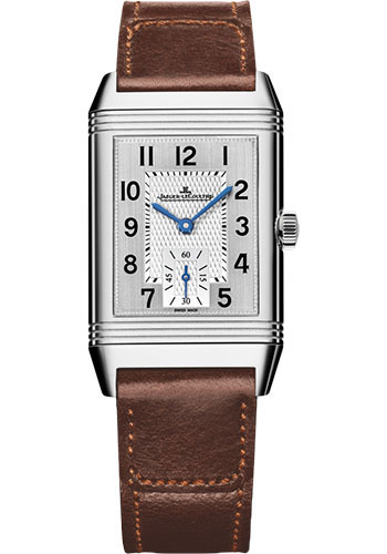 Jaeger-LeCoultre Reverso Classic Medium Duoface Small Seconds Watch - 42.9 mm Stainless Steel Case - Silvered Guilloché Dial - Brown Leather Strap