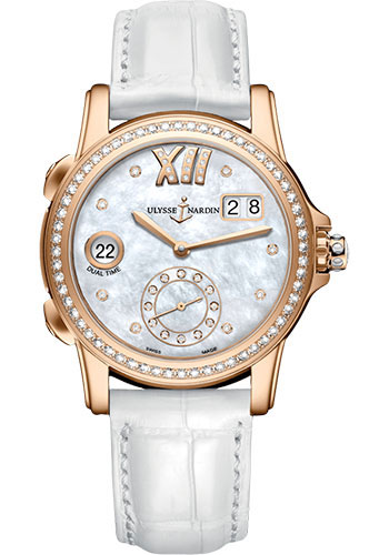 Ulysse Nardin Lady Dual Time 37.5 mm - Rose Gold Case - White Diamond Dial - Leather Strap