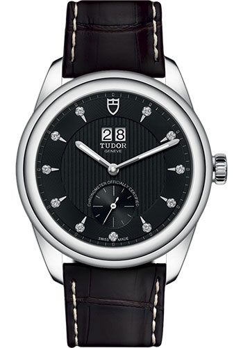 Tudor Glamour Double Date Watch - 42mm Steel Case - Black Diamond Dial - Brown Leather Strap