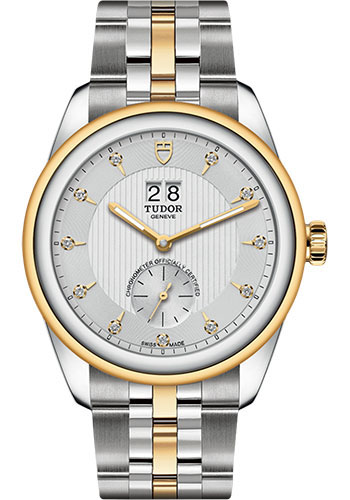 Tudor Glamour Double Date Watch - 42mm Steel and Gold Case - Silver Diamond Dial - Bracelet