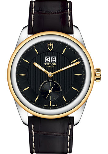 Tudor Glamour Double Date Watch - 42mm Steel and Gold Case - Black Dial - Brown Leather Strap