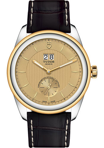 Tudor Glamour Double Date Watch - 42mm Steel and Gold Case - Champagne Dial - Brown Leather Strap
