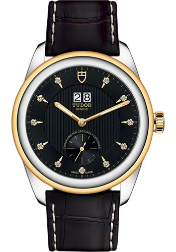 Tudor Glamour Double Date Watch - 42mm Steel and Gold Case - Black Diamond Dial - Brown Leather Strap