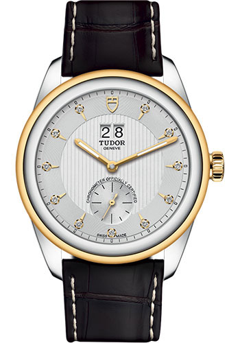 Tudor Glamour Double Date Watch - 42mm Steel and Gold Case - Silver Diamond Dial - Brown Leather Strap