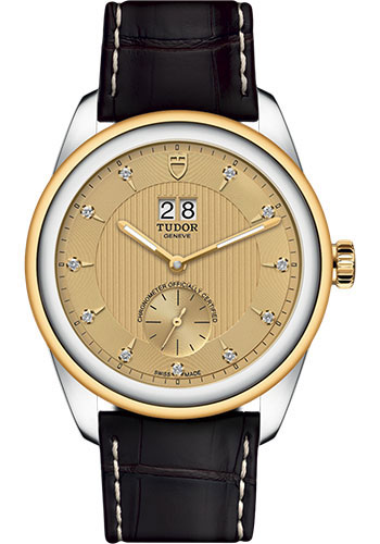 Tudor Glamour Double Date Watch - 42mm Steel and Gold Case - Champagne Diamond Dial - Brown Leather Strap