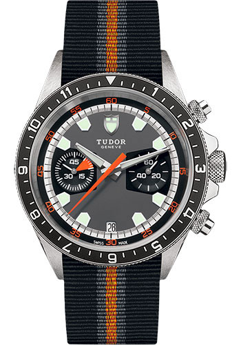 Tudor Heritage Chrono Watch - 42mm Steel Case - Black Bezel - Grey-Black Dial - Black-Orange Fabric Strap