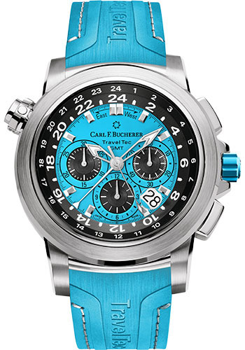 Carl F. Bucherer Patravi TravelTec Color Edition Watch - Steel Case - Blue Dial - Blue Rubber Strap
