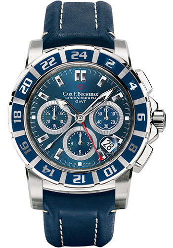 Carl F. Bucherer Patravi TravelGraph Watch - Steel Case - Rubber Bezel - Blue Dial - Blue Strap