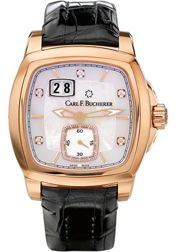 Carl F. Bucherer Patravi EvoTec BigDate Watch - Rose Gold Case - Diamond Bezel - Mother-of-Pearl Dial - Black Strap