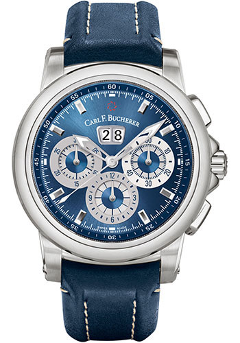 Carl F. Bucherer Patravi ChronoDate Watch - 44.6 mm Steel Case - Blue Dial - Blue Strap