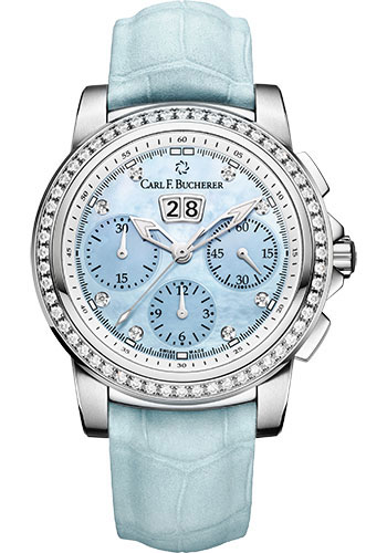 Carl F. Bucherer Patravi ChronoDate Watch - 40 mm Steel Diamond Case - Blue Mother-Of-Pearl Dial - Blue Alligator Strap