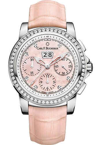 Carl F. Bucherer Patravi ChronoDate Watch - 40 mm Steel Diamond Case - Pink Mother-Of-Pearl Dial - Pink Alligator Strap