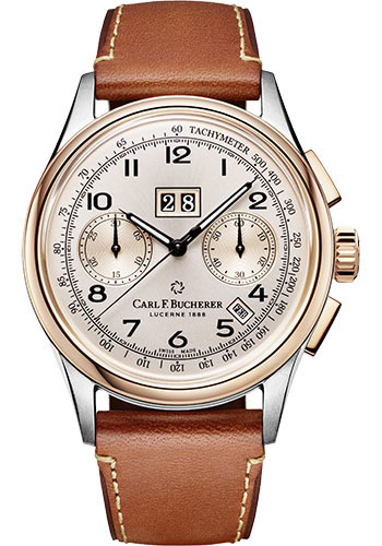 Carl F. Bucherer Heritage Bicompax Annual Watch - Steel And Rose Gold Case - Rose-And-Champagne Dial - Cognac Brown Strap