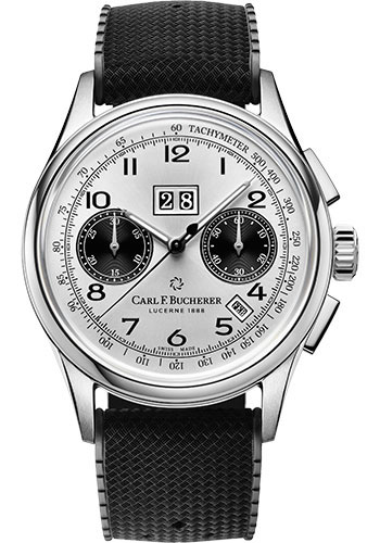 Carl F. Bucherer Heritage Bicompax Annual Watch - Steel Case - Silver Dial - Black Embossed Rubber Strap