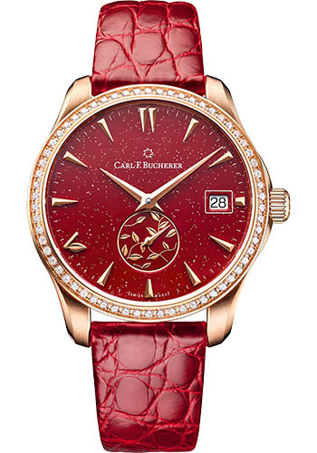 Carl F. Bucherer Manero AutoDate LOVE Watch - Rose Gold Diamond Case - Red Dial - Red Alligator Strap