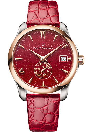 Carl F. Bucherer Manero AutoDate LOVE Watch - Rose Gold Case - Red Dial - Red Alligator Strap