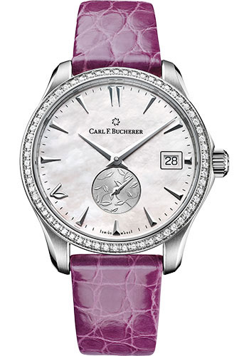 Carl F. Bucherer Manero AutoDate LOVE Watch - Steel Case - Diamond Bezel - Mother-of-Pearl Dial - Purple Alligator Strap
