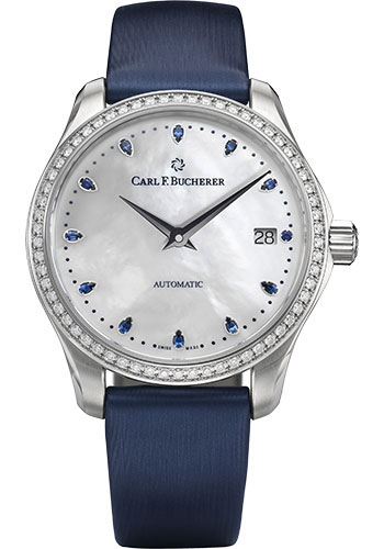 Carl F. Bucherer Manero AutoDate Bucherer Blue Watch - Steel Diamond Case - Mother-of-Pearl Dial - Blue Strap