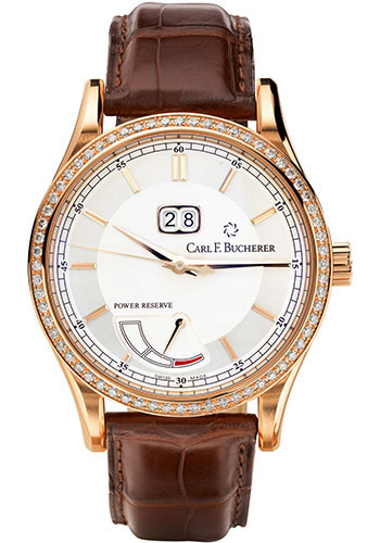 Carl F. Bucherer Manero BigDate Power Watch - Rose Gold Case - Diamond Bezel - Silver Dial - Brown Alligator Strap