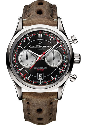 Carl F. Bucherer Manero Flyback Watch - Steel Case - Black Dial - Golden Brown Kudu Leather Strap