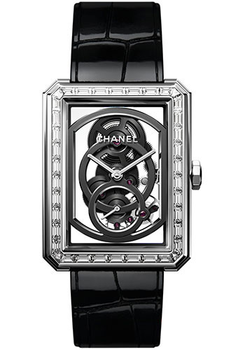 Chanel BOY·FRIEND Skeleton Manual-Wind Watch - Large White Gold Case - Diamond Bezel - Black Strap Limited Edition of 55