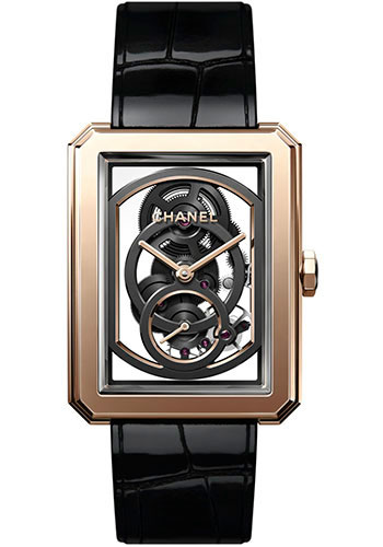 Chanel BOY·FRIEND Skeleton Manual-Wind Watch - Large Beige Gold Case - Black Strap