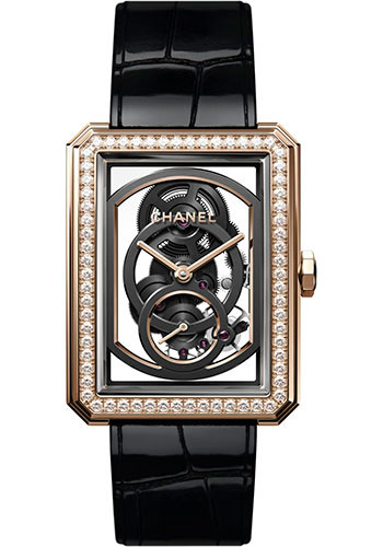 Chanel BOY·FRIEND Skeleton Manual-Wind Watch - Large Beige Gold Case - Diamond Bezel - Black Strap