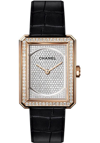Chanel BOY·FRIEND Quartz Watch - Medium Beige Gold Case - Diamond Bezel - Black Strap