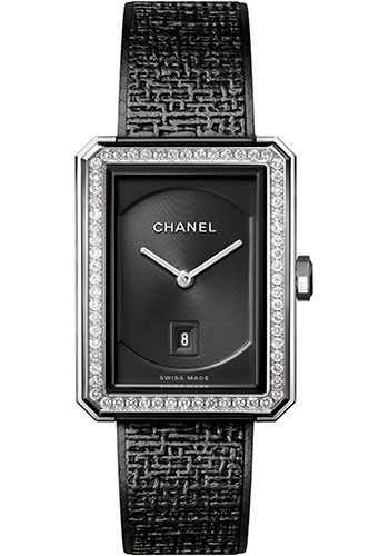 Chanel BOY·FRIEND TWEED Quartz Watch - Medium Steel Case - Diamond Bezel - Black Dial - Steel Bracelet