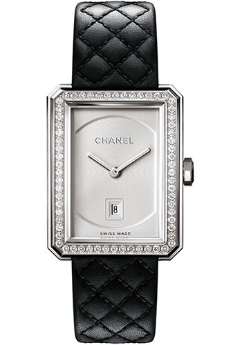 Chanel BOY·FRIEND Quartz Watch - Medium Steel Case - Diamond Bezel - Opaline Dial - Black Strap