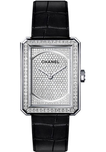 Chanel BOY·FRIEND Quartz Watch - Medium White Gold Case - Diamond Bezel - Black Strap