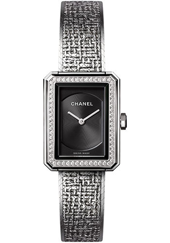 Chanel BOY·FRIEND TWEED Quartz Watch - Small Steel Case - Diamond Bezel - Black Dial - Steel Bracelet