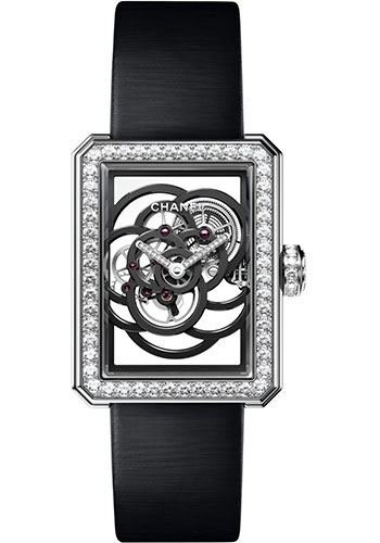 Chanel Première Camélia Skeleton Manual-Wind Watch - White Gold Diamond Case - Diamond Bezel - See Through Dial - Black Satin Strap