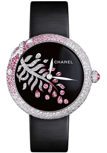 Chanel Mademoiselle Privé Automatic Watch - White Gold Diamond Case - Grand Feu Black Enamel Diamond Dial - Black Satin Strap