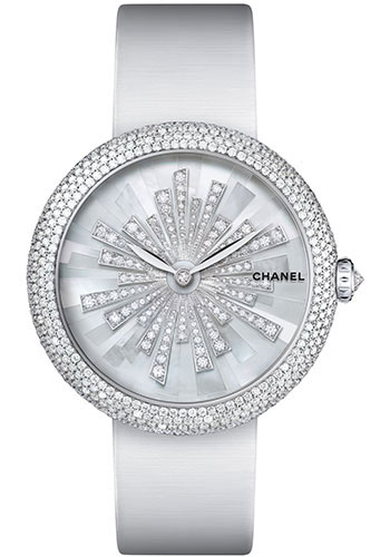 Chanel Mademoiselle Privé Automatic Watch - White Gold Diamond Case - Pearl Marquetry And Sun Motif Diamond Dial - White Satin Strap