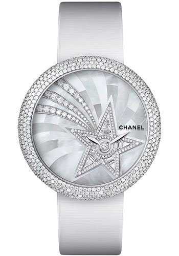 Chanel Mademoiselle Privé Quartz Watch - White Gold Diamond Case - Pearl Marquetry And Comet Motif Diamond Dial - White Satin Strap