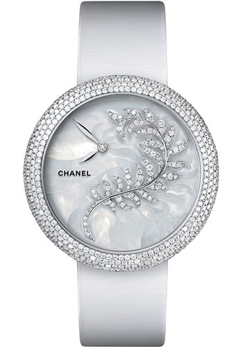 Chanel Mademoiselle Privé Quartz Watch - White Gold Diamond Case - Mother Of Pearl Marquetry And Feather Motif Diamond Dial - White Satin Strap
