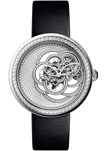Chanel Mademoiselle Privé Camélia Skeleton Manual-Wind Watch - White Gold Case - Diamond Bezel - Black Satin Strap