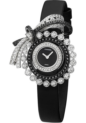 Chanel Ruban Jewelry Watch - Ribbon Motif - White Gold Case - Black Satin Strap