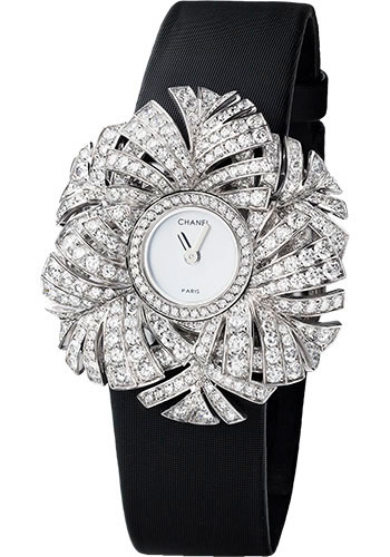 Chanel Plume de CHANEL Jewelry Watch - Plume Panache Motif - White Gold Case - Black Satin Strap