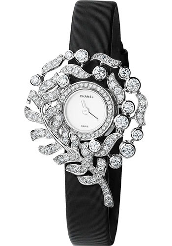 Chanel Plume de CHANEL Jewelry Watch - Feather Motif - White Gold Case - Black Satin Strap