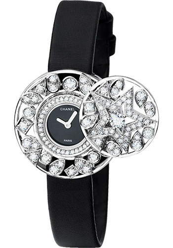 Chanel Comète Jewelry Watch - Secret Watch With Star Motif - White Gold Case - Black Satin Strap