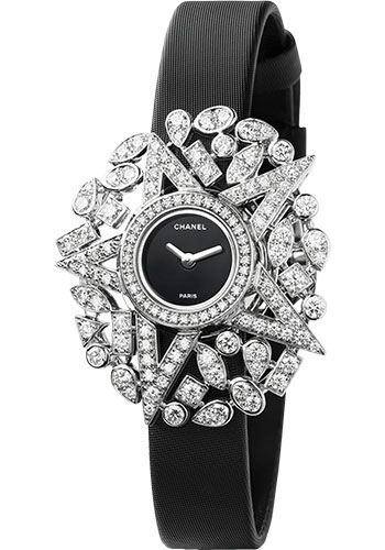 Chanel Comète Jewelry Watch - Star Motif - White Gold Case - Black Satin Strap