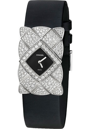 Chanel Coco Crush Jewelry Quartz Watch - Quilted Motif - White Gold Case - Black Satin Strap